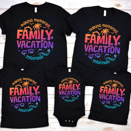 May include family wearing matching Family Vacation 2026 shirts for parents, kids, and babies, ideal for trips or photos.