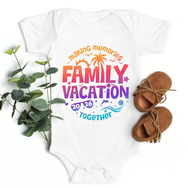 May include baby wearing Family Vacation 2026 onesie as part of matching family outfits, ideal for trips or photos.