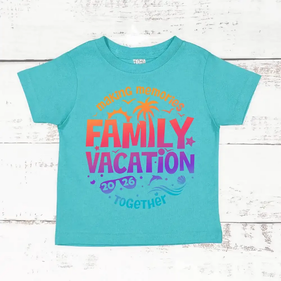 May include child wearing Family Vacation 2026 kids shirt as part of matching family outfits, ideal for trips or photos.