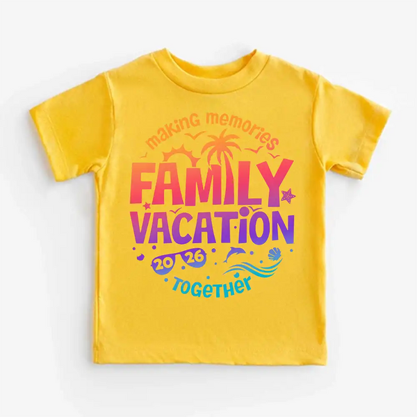 May include child wearing Family Vacation 2026 kids shirt as part of matching family outfits, ideal for trips or photos.