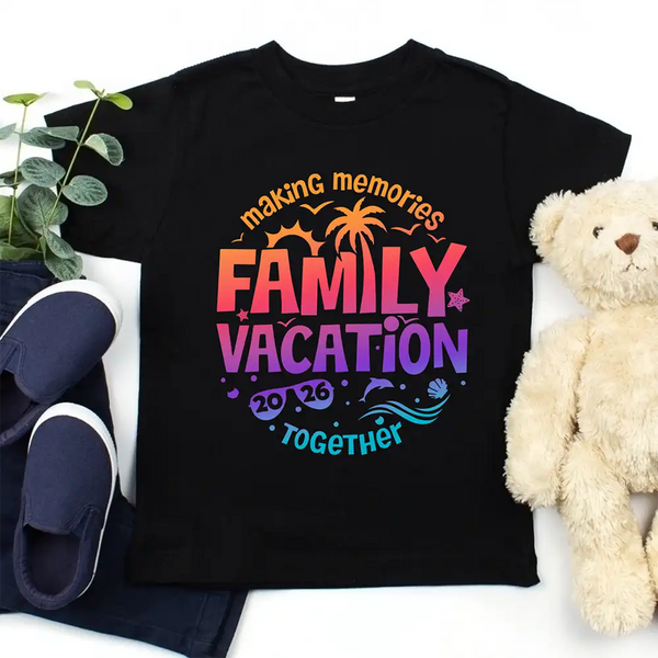 May include child wearing Family Vacation 2026 kids shirt as part of matching family outfits, ideal for trips or photos.
