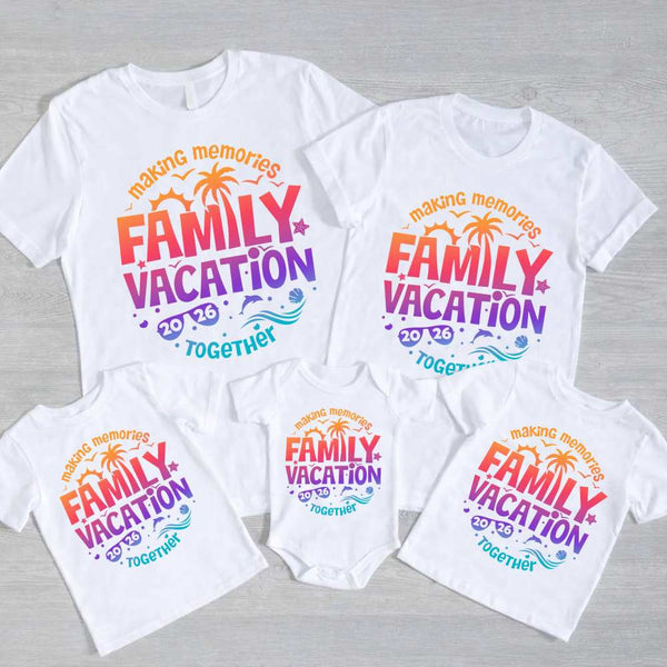 May include child wearing Family Vacation 2026 kids shirt as part of matching family outfits, ideal for trips or photos.