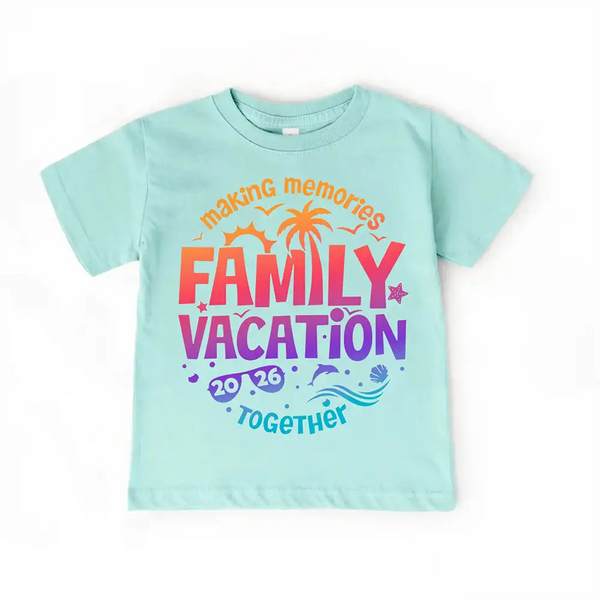 May include child wearing Family Vacation 2026 kids shirt as part of matching family outfits, ideal for trips or photos.