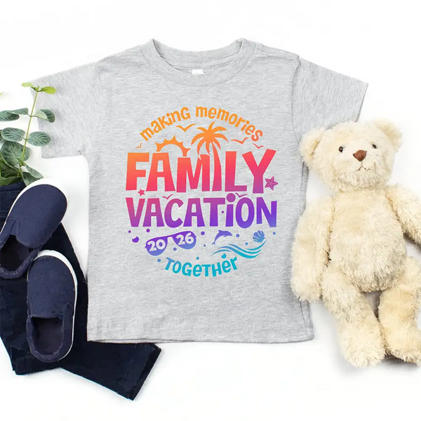 May include child wearing Family Vacation 2026 kids shirt as part of matching family outfits, ideal for trips or photos.