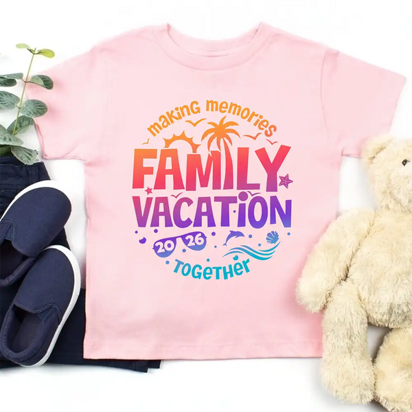 May include child wearing Family Vacation 2026 kids shirt as part of matching family outfits, ideal for trips or photos.