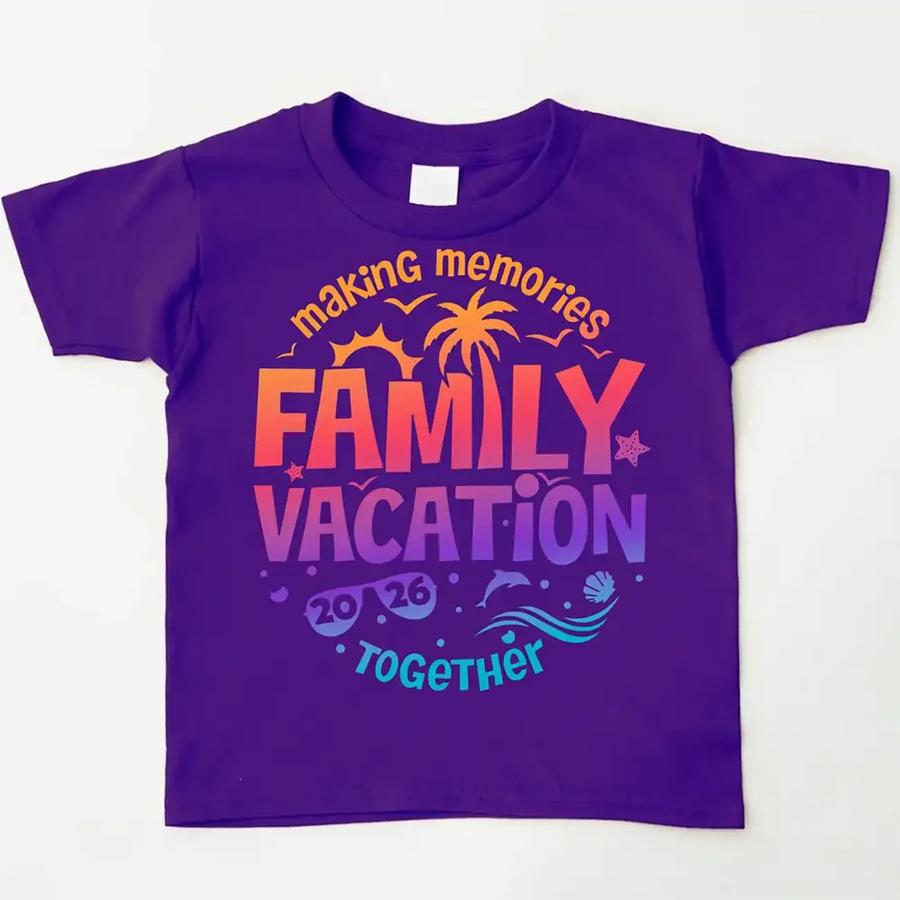 May include child wearing Family Vacation 2026 kids shirt as part of matching family outfits, ideal for trips or photos.