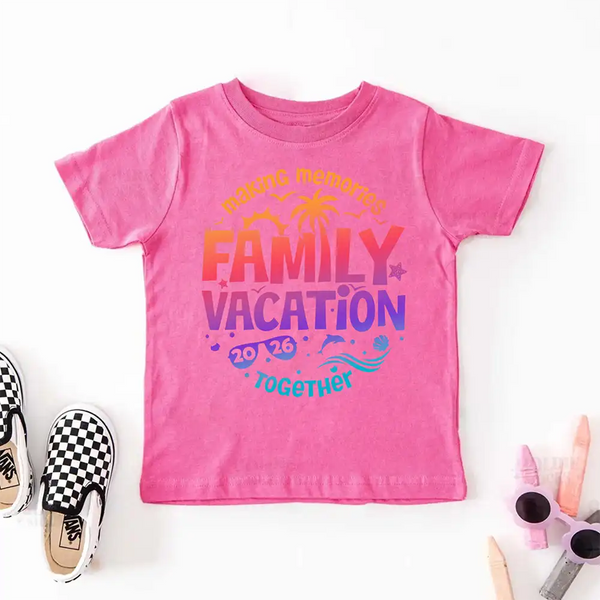 May include child wearing Family Vacation 2026 kids shirt as part of matching family outfits, ideal for trips or photos.
