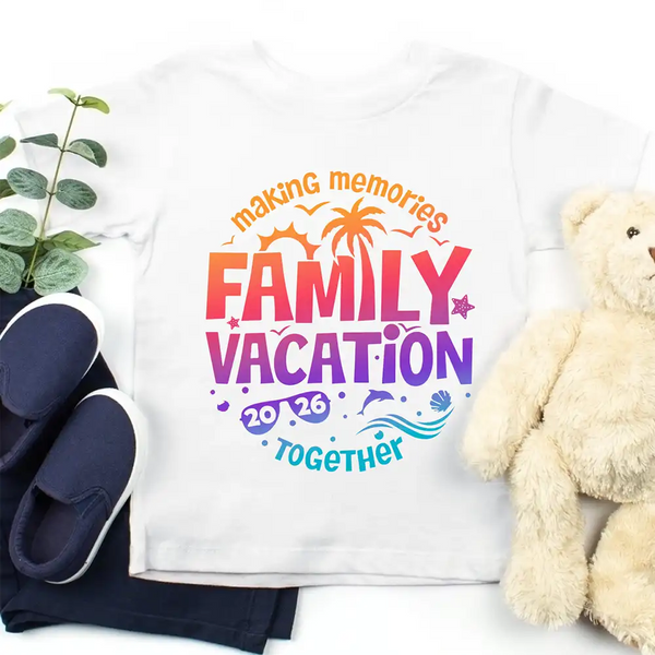 May include child wearing Family Vacation 2026 kids shirt as part of matching family outfits, ideal for trips or photos.