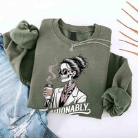 May include a long sleeve shirt featuring the phrase “Fashionably Late” in a stylish, modern font.