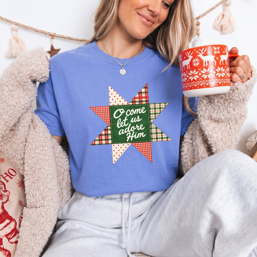 May include an O Come Let Us Adore Him Comfort Colors Christmas T-Shirt featuring a Christian holiday message inspired by a beloved Christmas hymn, designed for church services, family gatherings, worship events, and meaningful seasonal gifting.