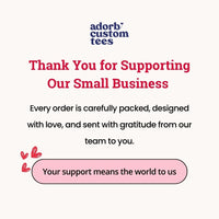 May include a thank-you card from Adorb Custom Tees with gratitude message, hearts, and beige background.