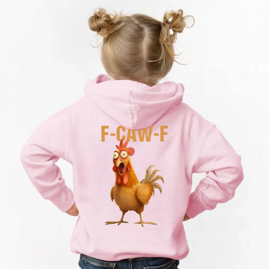 May include a kids’ unisex hoodie featuring a bold “F-Caw-F” chicken graphic printed on the back of a soft cotton-blend fabric.