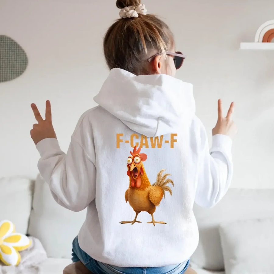 May include a kids’ unisex hoodie featuring a bold “F-Caw-F” chicken graphic printed on the back of a soft cotton-blend fabric.