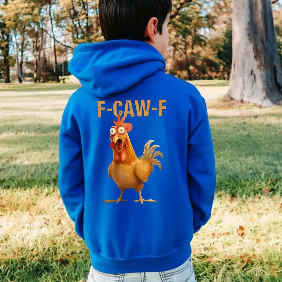 May include a kids’ unisex hoodie featuring a bold “F-Caw-F” chicken graphic printed on the back of a soft cotton-blend fabric.