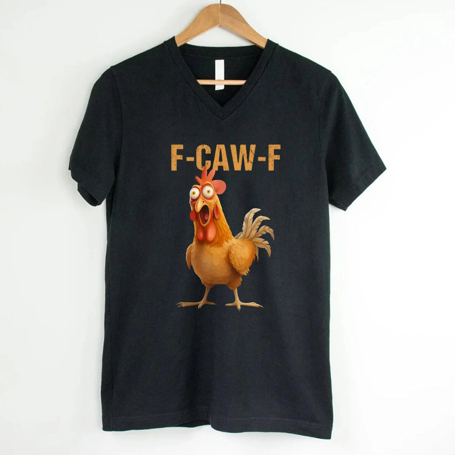 May include a unisex V-neck t-shirt featuring a humorous chicken graphic with the phrase ‘F-Caw-F,’ styled for coffee lovers and farm humor fans.