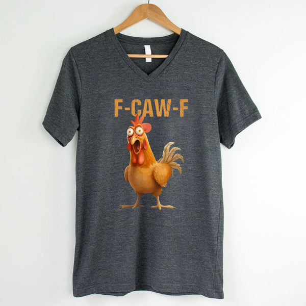 May include a unisex V-neck t-shirt featuring a humorous chicken graphic with the phrase ‘F-Caw-F,’ styled for coffee lovers and farm humor fans.