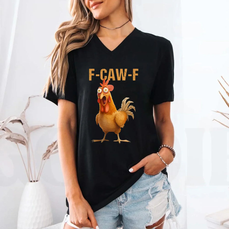 May include a unisex V-neck t-shirt featuring a humorous chicken graphic with the phrase ‘F-Caw-F,’ styled for coffee lovers and farm humor fans.