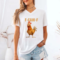 May include a unisex V-neck t-shirt featuring a humorous chicken graphic with the phrase ‘F-Caw-F,’ styled for coffee lovers and farm humor fans.