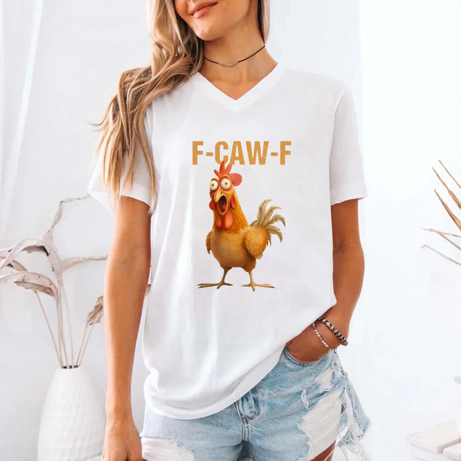 May include a unisex V-neck t-shirt featuring a humorous chicken graphic with the phrase ‘F-Caw-F,’ styled for coffee lovers and farm humor fans.
