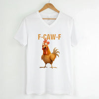 May include a unisex V-neck t-shirt featuring a humorous chicken graphic with the phrase ‘F-Caw-F,’ styled for coffee lovers and farm humor fans.