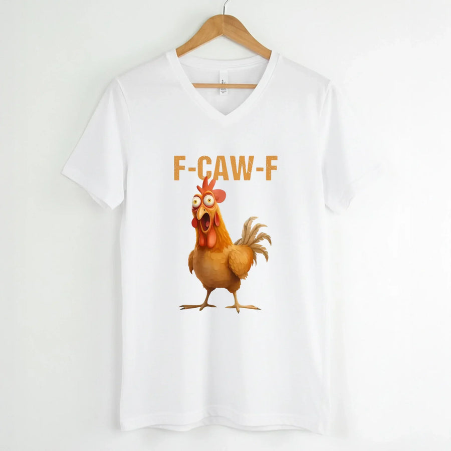 May include a unisex V-neck t-shirt featuring a humorous chicken graphic with the phrase ‘F-Caw-F,’ styled for coffee lovers and farm humor fans.