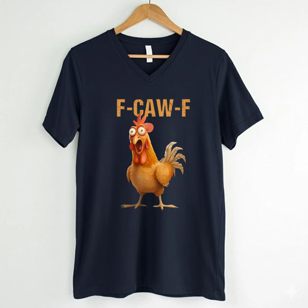 May include a unisex V-neck t-shirt featuring a humorous chicken graphic with the phrase ‘F-Caw-F,’ styled for coffee lovers and farm humor fans.