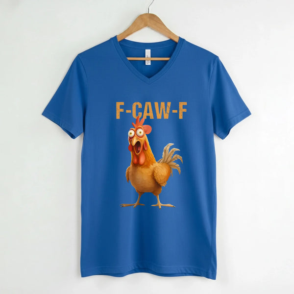May include a unisex V-neck t-shirt featuring a humorous chicken graphic with the phrase ‘F-Caw-F,’ styled for coffee lovers and farm humor fans.