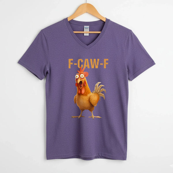 May include a unisex V-neck t-shirt featuring a humorous chicken graphic with the phrase ‘F-Caw-F,’ styled for coffee lovers and farm humor fans.