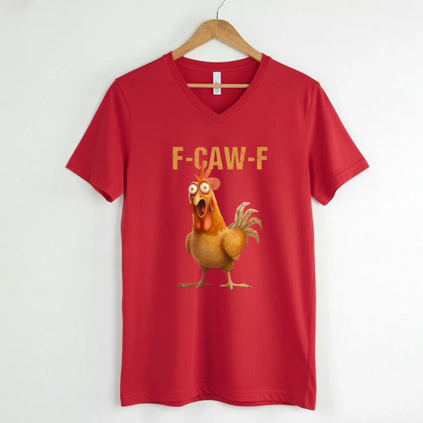 May include a unisex V-neck t-shirt featuring a humorous chicken graphic with the phrase ‘F-Caw-F,’ styled for coffee lovers and farm humor fans.