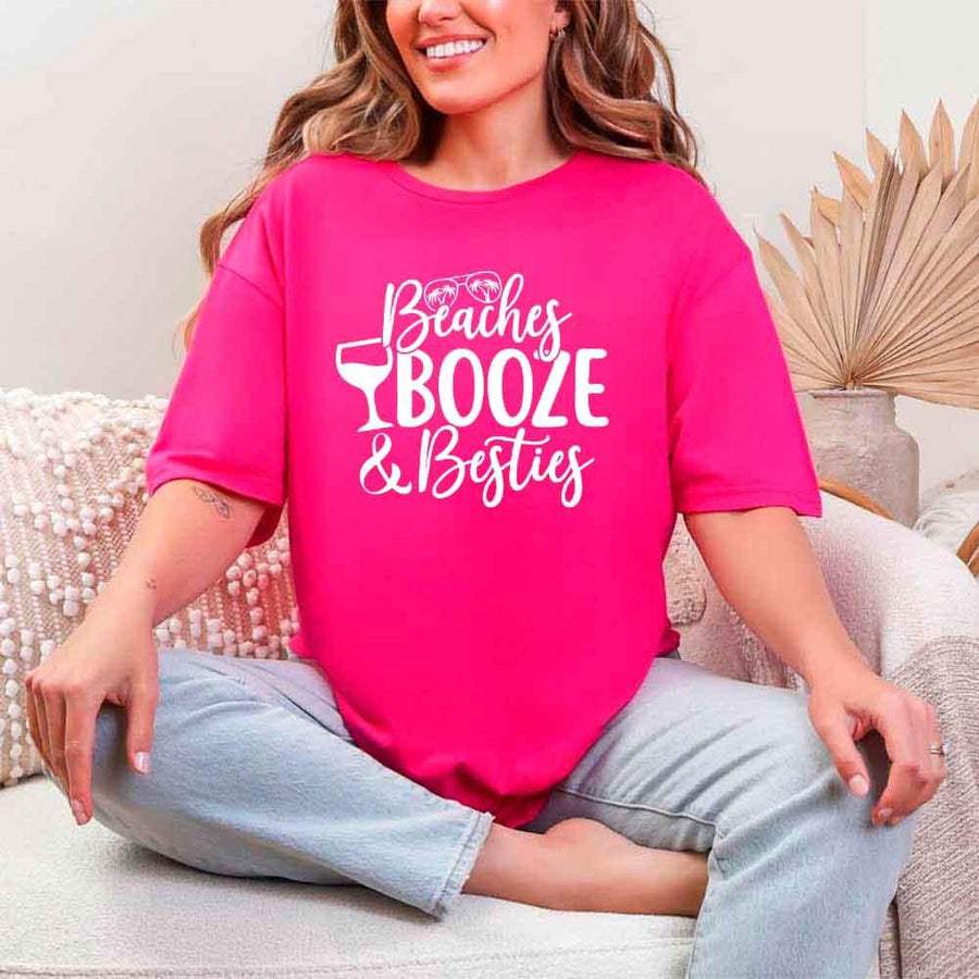 May include Heliconia Girls Vacation Shirt with Summer Beaches Booze Besties Tee design for women, perfect for beach getaways, girls trips, and fun summer celebrations!