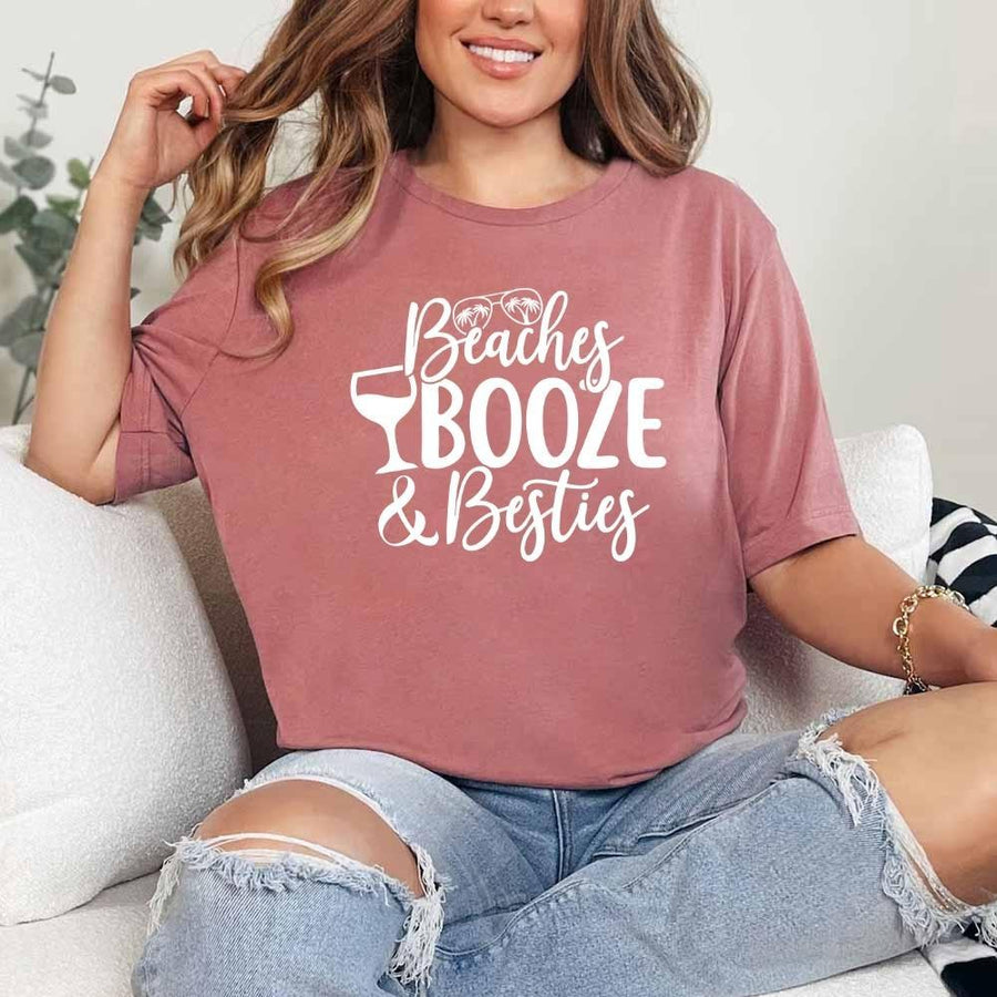 May include Mauve Girls Vacation Shirt with Summer Beaches Booze Besties Tee design for women, perfect for beach getaways, girls trips, and fun summer celebrations!