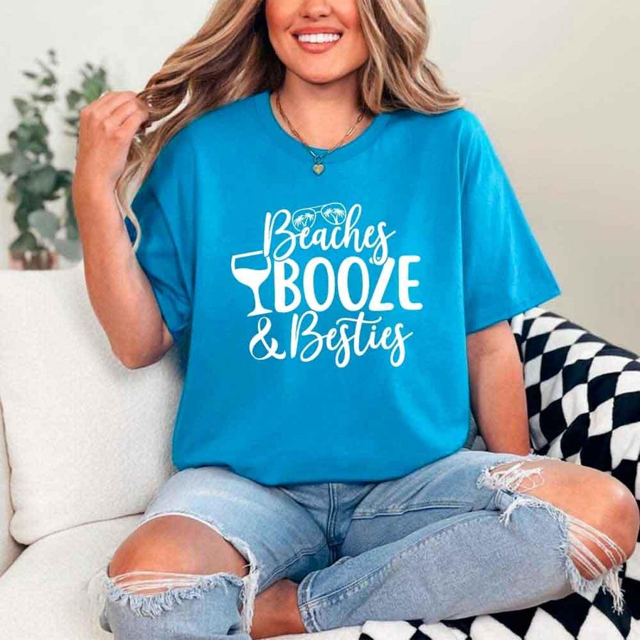 May include Sapphire Girls Vacation Shirt with Summer Beaches Booze Besties Tee design for women, perfect for beach getaways, girls trips, and fun summer celebrations!