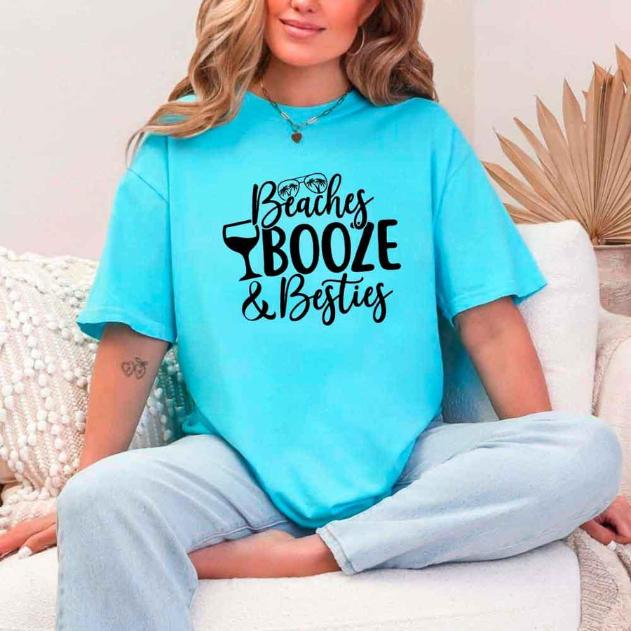 May include Turquoise Girls Vacation Shirt with Summer Beaches Booze Besties Tee design for women, perfect for beach getaways, girls trips, and fun summer celebrations!