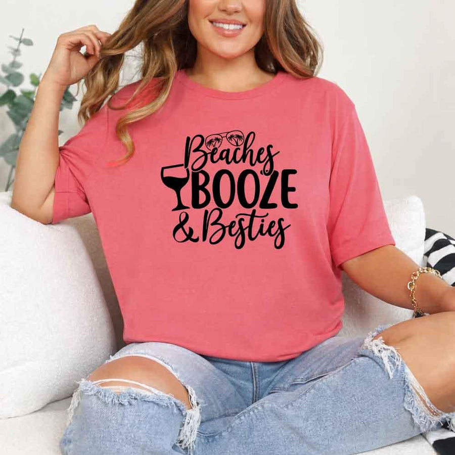 May include Coral Silk Girls Vacation Shirt with Summer Beaches Booze Besties Tee design for women, perfect for beach getaways, girls trips, and fun summer celebrations!