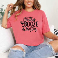 May include Coral Silk Girls Vacation Shirt with Summer Beaches Booze Besties Tee design for women, perfect for beach getaways, girls trips, and fun summer celebrations!