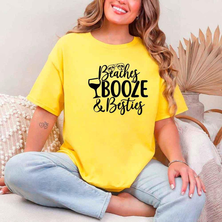 May include Daisy Girls Vacation Shirt with Summer Beaches Booze Besties Tee design for women, perfect for beach getaways, girls trips, and fun summer celebrations!