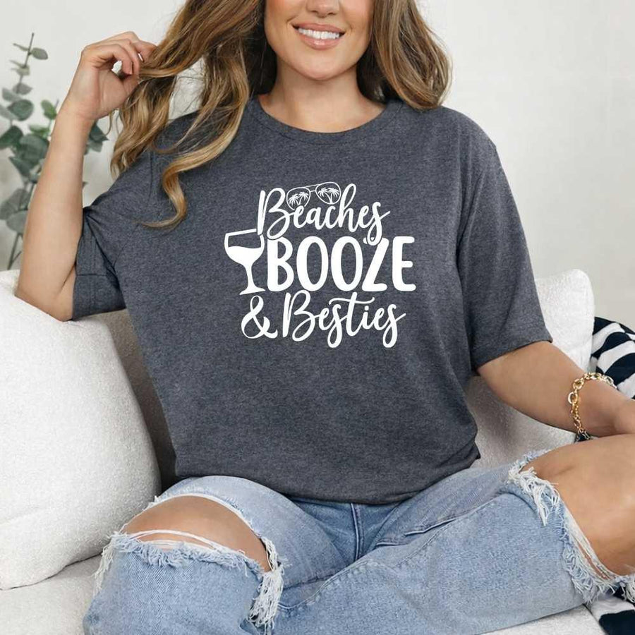 May include Dark Heather Girls Vacation Shirt with Summer Beaches Booze Besties Tee design for women, perfect for beach getaways, girls trips, and fun summer celebrations!
