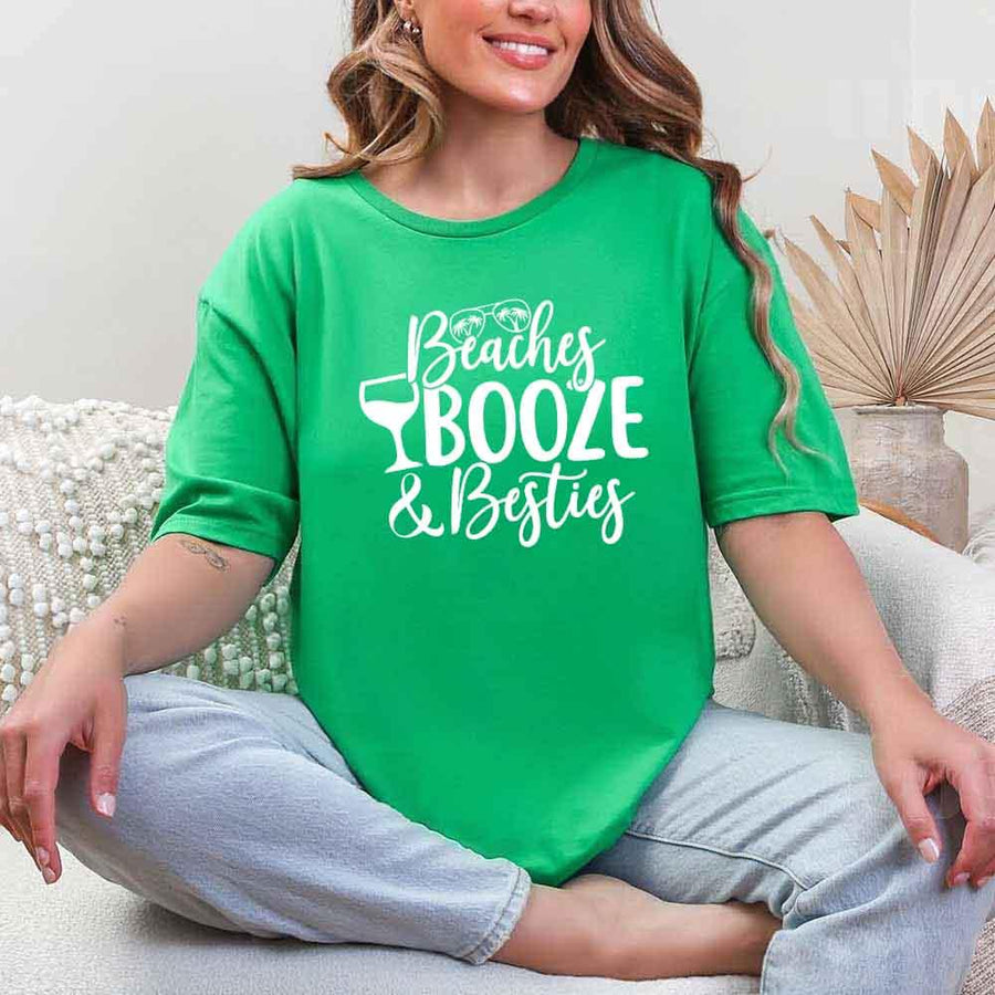 May include Green Girls Vacation Shirt with Summer Beaches Booze Besties Tee design for women, perfect for beach getaways, girls trips, and fun summer celebrations!