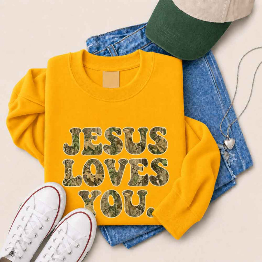 Jesus Loves You Camouflage Sweatshirt - Religious Message Sweatshirt