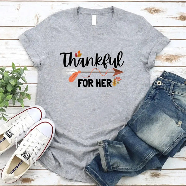 Thankful For Her/Him Thanksgiving Couple T-Shirt – Cute Matching Holiday Tees