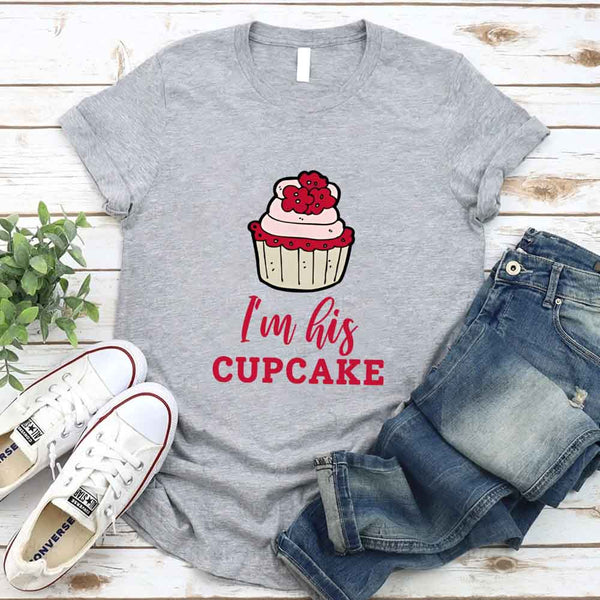 May include a cupcake-themed couple t-shirt with playful graphics symbolizing love and sweetness.