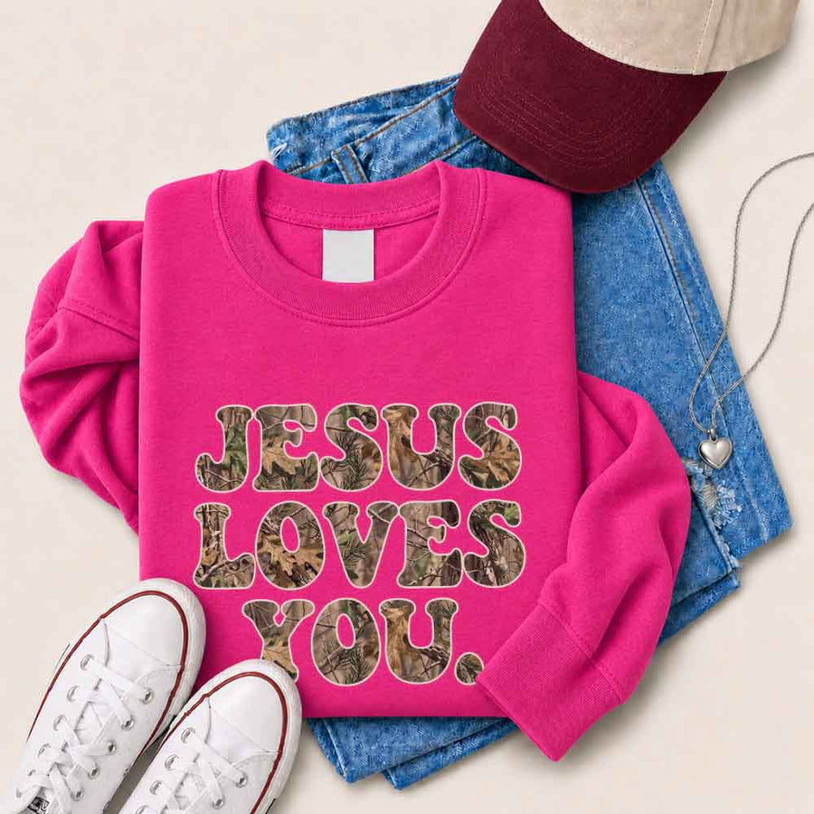 Jesus Loves You Camouflage Sweatshirt - Religious Message Sweatshirt