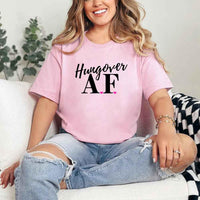 May include Pink a fun, bold design for a bachelorette party T-shirt with a playful "Hungover AF" slogan! Perfect for partygoers looking to make a statement!
