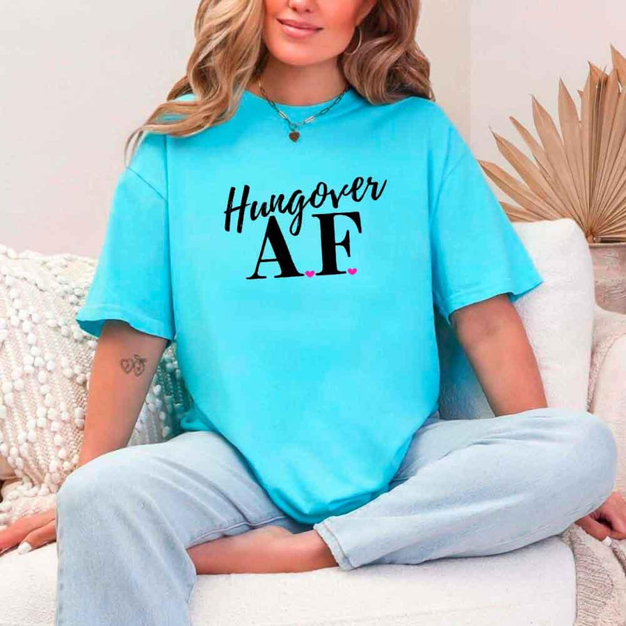 May include Turquoise a fun, bold design for a bachelorette party T-shirt with a playful "Hungover AF" slogan! Perfect for partygoers looking to make a statement!
