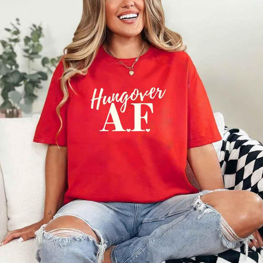 May include Red a fun, bold design for a bachelorette party T-shirt with a playful "Hungover AF" slogan! Perfect for partygoers looking to make a statement!

