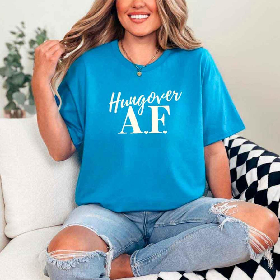 May include Sapphire a fun, bold design for a bachelorette party T-shirt with a playful "Hungover AF" slogan! Perfect for partygoers looking to make a statement!
