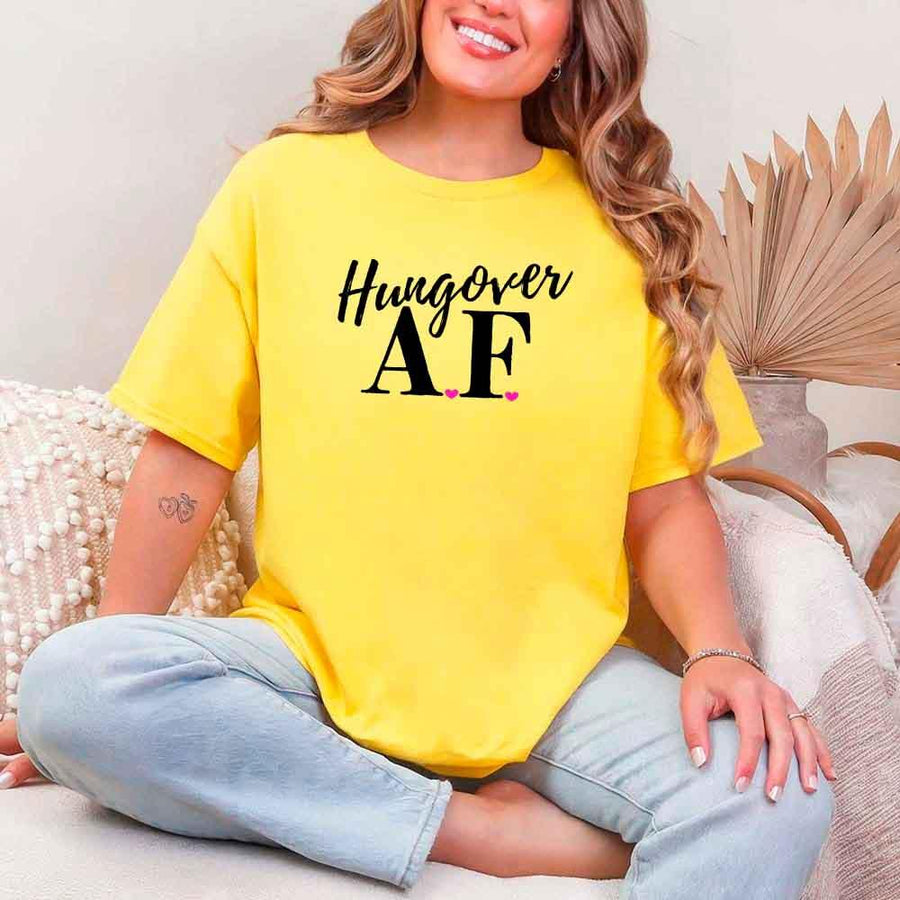 May include Daisy a fun, bold design for a bachelorette party T-shirt with a playful "Hungover AF" slogan! Perfect for partygoers looking to make a statement!
