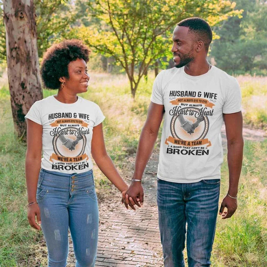 May include a matching couple’s t-shirt set featuring “Husband & Wife – Heart To Heart” design printed on soft cotton fabric.