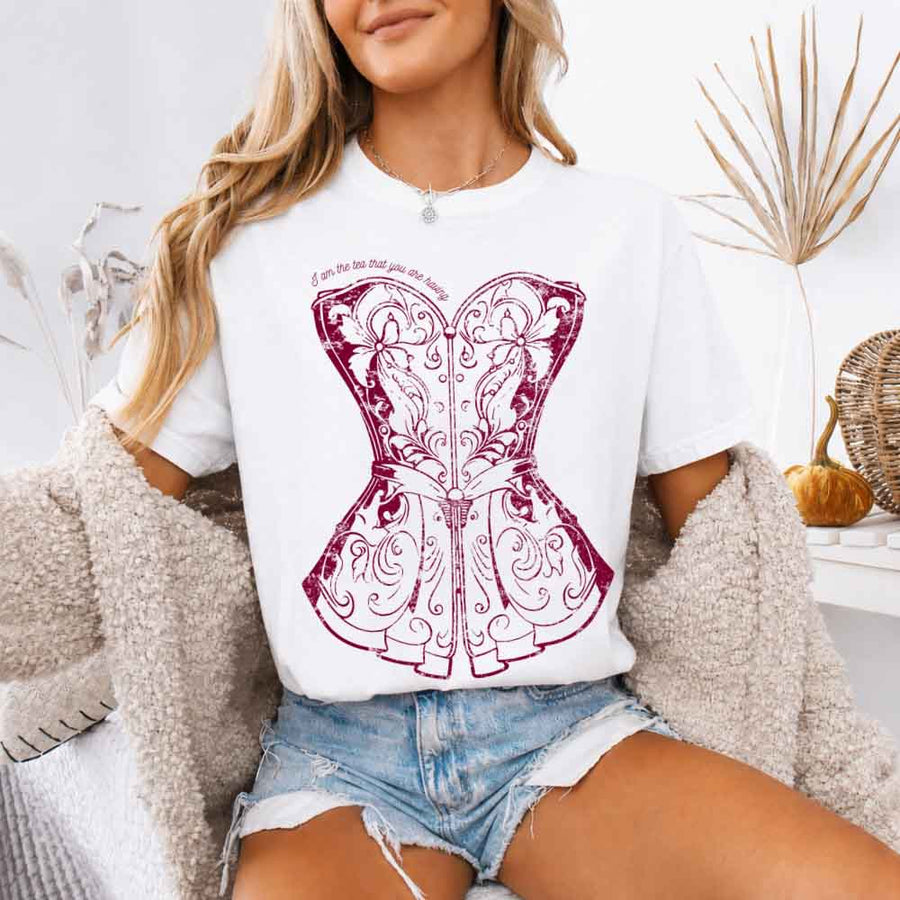 May include a person wearing a White I Am The Tea That You Are Having Comfort Colors T-Shirt featuring royal court inspired graphic and relaxed fit.