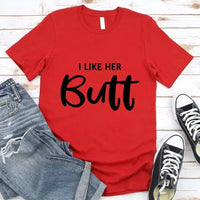 May include a pair of unisex couple t-shirts reading “I Like His Beard” and “I Like Her Butt,” displayed side by side in black and white cotton.